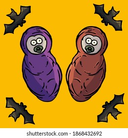 Vampires babies on yellow background, comic, humor, comical, cartoon style, baby, child, isolated, outline, bat, fun, funny, joy, autumn, Halloween, children, kid, dummy, bimbo, face, scary, spooky