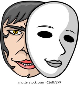 A vampire's face lurking behind an innocent mask.