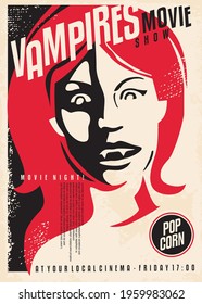 Vampires Horror Movie Show Retro Cinema Poster Design On Old Paper Texture. Vintage Film Poster With Red Hair Female Vampire Portrait. Scary Movies Festival Event Vector Flyer Template.