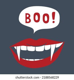Vampire's mouth, symbol of Halloween. Red lips with fangs and speech bubble. Template for your design. Hand drawn trendy vector illustration. All elements are isolated.