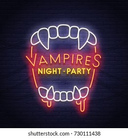 Vampires neon sign. Night paty neon. Happy Halloween. Neon sign, bright signboard, light banner. 