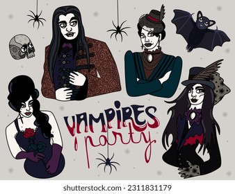 Vampires party. Four persons, skull, bat and spiders. Vector concept with lettering.