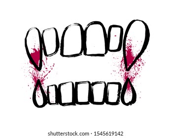 Vampire's teeth icon isolated on white background. Vector red hand-drawn splashes of blood. Scary grunge illustration of bite. Doodle halloween drawing symbol.