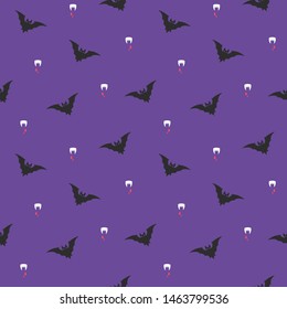 Vampiric, vamp seamless repeat Happy Halloween vector pattern. Cute simple cartoon halloween things, icons, tiny objects, characters. Black bat, vampire fangs with blood drops gothic background. 