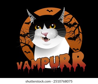 Vampurr: A Spooky-Cute Cat perfect for Halloween-themed designs. It can be used for t-shirts, posters, stickers, party invitations, and other Halloween merchandise or decorations.