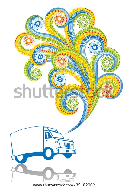 Van in abstract\
collage. Format A4. Vector illustration. Isolated groups and\
layers. Global colors.