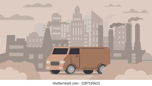 Van air pollution.Road smog.Industrial carbon dioxide cloud. Polluted air environment at city.Atmospheric pollution.Air pollution.Contamination problem.Factories and industry.Factory smoke.