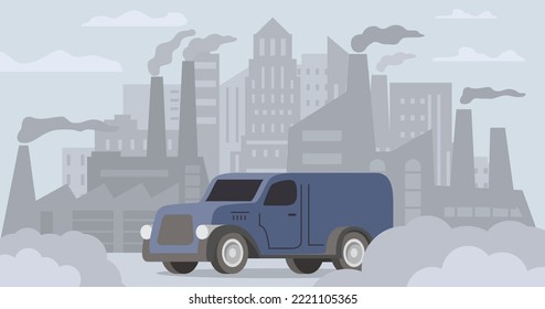 Luftverschmutzung durch Van-Luft-Verkehr.Straßenrauchen.Industrielle Kohlendioxidwolke. Umweltbelastete Luftumgebung in der Stadt.Luftverschmutzung.Schlechte städtische Umwelt.Verunreinigungsproblem.Vektorgrafik.