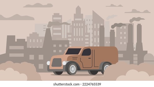 Van air pollution.Road smog.Industrial carbon dioxide cloud. Polluted air environment at city.Atmospheric pollution.Bad urban environment.Contamination problem.Vector flat illustration.