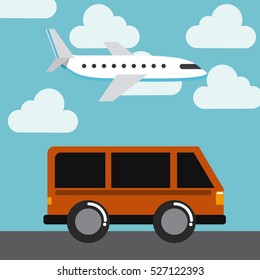 van and airplane flying over sky background. colorful design. travel and tourism design. vector illustration