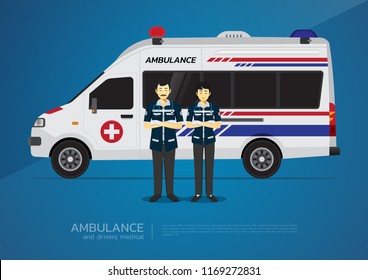 The van ambulance and team drivers medical uniform character design on blue blackground