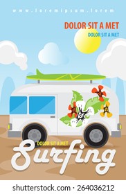 Van & Beach & Surfboard & Travel - Vector Illustration, Graphic Design, Editable For Your Design