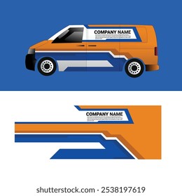 Uma van com um design de adesivo de envoltório azul, laranja e branco. O lado da van apresenta o nome da empresa e o logotipo.