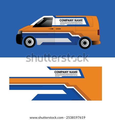 A van with a blue, orange, and white wrap sticker design. The side of the van features the company name and logo.
