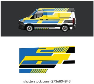 A van with a blue, yellow, and white racing stripe design and a close-up of the vehicle's side panel design on a white background.