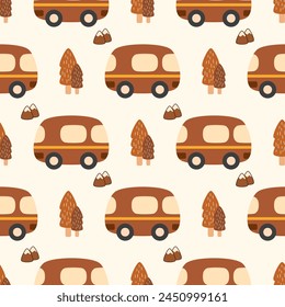 Van brown cartoon so cute. On tree mountain background. Pattern seamless vector illustration. 