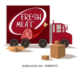 Van of butcher and cartons for moving on a white background