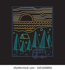 Van camping nature line graphic illustration vector art t-shirt design