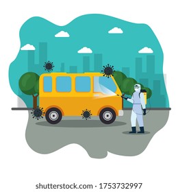 van car disinfection service, prevention coronavirus covid 19, clean surfaces in car with a disinfectant spray, person with biohazard suit vector illustration design