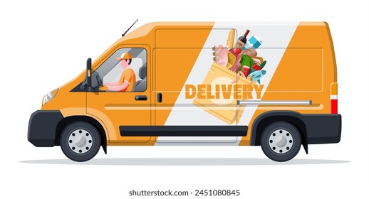 Lieferwagen voll mit Lebensmitteln. Shop und Farm liefern Service. Lieferung und Verkauf von Lebensmittelprodukten Konzept. Fleisch, Milch, Brot, Gemüse. Fracht und Logistik. Cartoon flache Vektorillustration