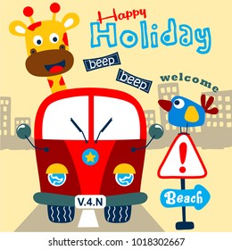 van car and giraffe funny animal cartoon,vector illustration