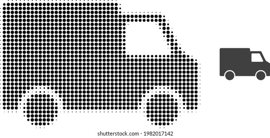 Van car halftone dotted icon illustration. Halftone array contains circle points. Vector illustration of van car icon on a white background. Flat abstraction for van car pictogram.