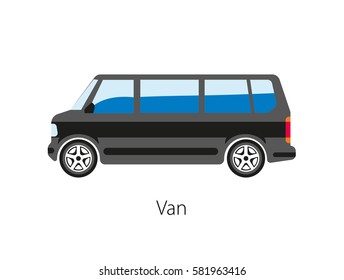 Van car isolated on white background. Van type of road vehicle used for transporting goods or people. Can be bigger or smaller than a truck and SUV. Vector illustration of automobile black model