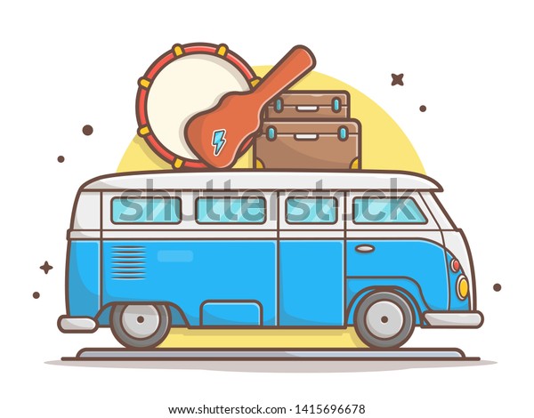 Van Car Music Tour Transportation with Drum,
Guitar, and Suitcase Vector Illustration. Flat Cartoon Style
Suitable for Web Landing Page,  Banner, Flyer, Sticker, Wallpaper,
Card, Background