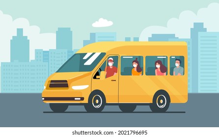 Van car with passengers against the background of an abstract cityscape. Vector illustration.