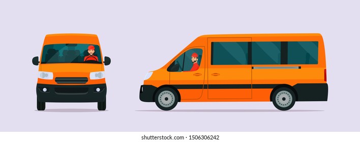 Van car two angle set. Car with driver man side view and front view. Vector flat style illustration.