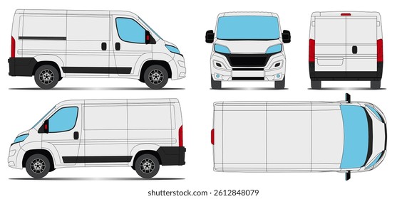 Van Car Vector Mockup Ducato for branding on isolated white background. With Side, Front, Rear, Top Views