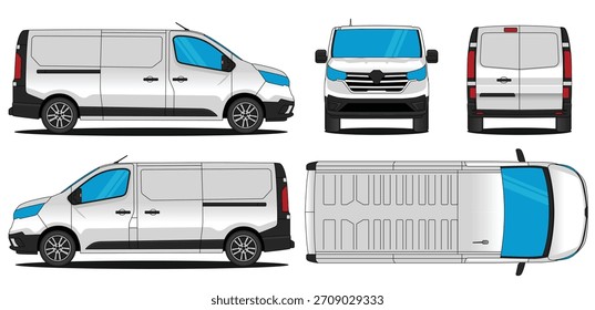 Van car vector. Car mockup illustration of a trafic. Isolated on white background, With side, front, rear and top views