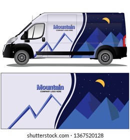 Van car wrap with a mountain landscape illustration. file is editable and ready to print