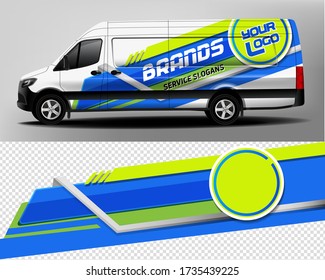 Decal de envolvimiento de vagones. Desarrollo de diseño de coches para la empresa. Ramificación de coches. Etiqueta de la marca del automóvil en colores azul y verde
