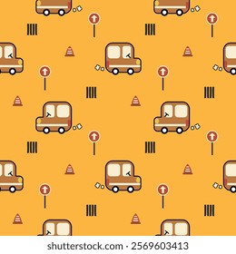 Van cartoon so cute. On traffic cone traffic sign yellow background. Pattern seamless vector illustration. 