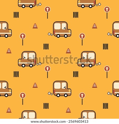 Van cartoon so cute. On traffic cone traffic sign yellow background. Pattern seamless vector illustration. 