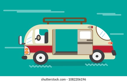 van classic car cartoon. Vintage yellow travel bus. Camper cartoon van. Tourist coach on green background. Flat design vector ,illustration.