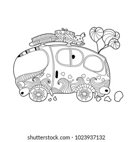 Van coloring book for adult and kid. Hand drawn. Vector illustration. Doodle style.