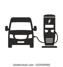 Van, Commercial Vehicle. Electric Car. Electric Vehicle Recharging Point. EV Charging Station. Vector Icon Isolated On White Background.