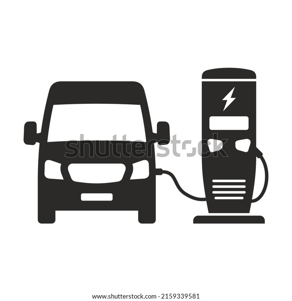 Van, commercial vehicle. Electric car.\
Electric vehicle recharging point. EV charging station. Vector icon\
isolated on white\
background.