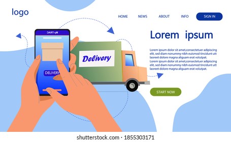 Van delivering a box and man tracking an order using his smartphone.Fast delivery service app on smartphone.Vector illustration.