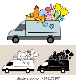 Van delivering Easter goods and gifts with chocolate egg, Easter bunny, chick, hen and tulips. Isolated, flat, side view illustration, and black and white versions