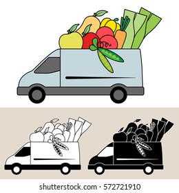Van delivering fresh fruit and vegetables. Isolated, flat, side view illustration, and black and white versions