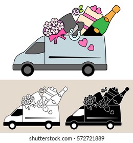 Van Delivering Wedding Supplies And Services With Wedding Cake, Bouquet, Top Hat, Lucky Horseshoe And Champagne. Isolated, Flat, Side View Illustration, And Black And White Versions