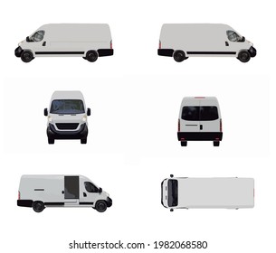 Van for delivery. Diferent positions and views. Left, right, above, front, back, open door, lateral. Vector illustration. Concept for delivery, cargo, shipping, courier, freight, hauling, commerce