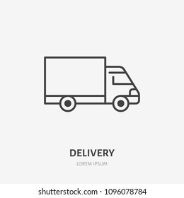 Van delivery flat line icon. Truck sign. Thin linear logo for cargo trucking, freight services.