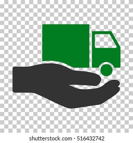 Van Delivery Service Hand EPS vector pictogram. Illustration style is flat iconic bicolor green and gray symbol on chess transparent background.
