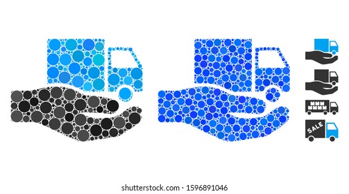 Van delivery service hand mosaic of circle elements in different sizes and color hues, based on van delivery service hand icon. Vector circle elements are grouped into blue collage.
