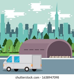 van delivery service on the city scene vector illustration design