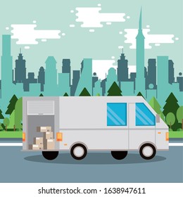 van delivery service on the city scene vector illustration design